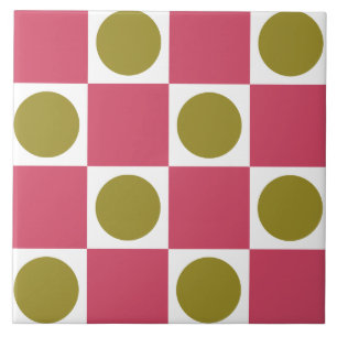 Retro Pink and Olive Circle Check Ceramic Tile