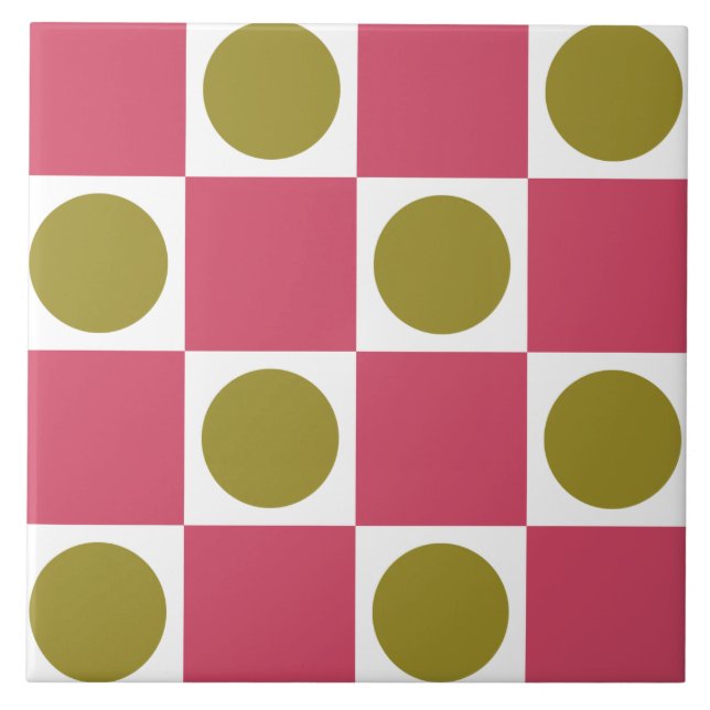 Retro Pink and Olive Circle Check Ceramic Tile (Front)