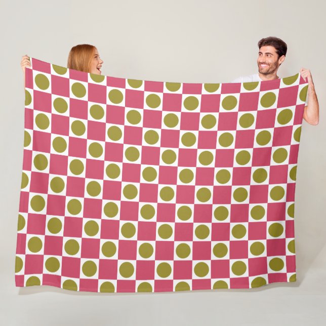 Retro Pink and Olive Circle Check Fleece Blanket (In Situ)
