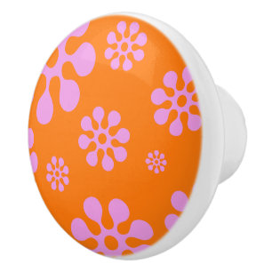 Retro Pink And Orange Flower Pattern Ceramic Knob