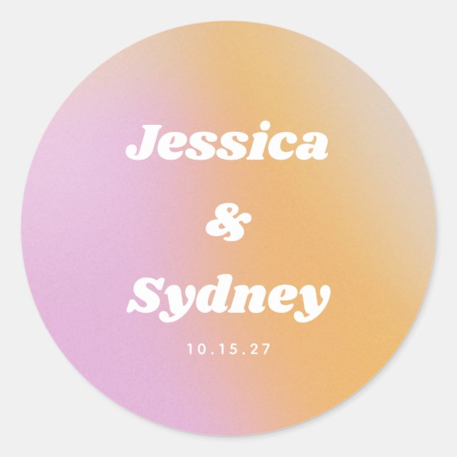 Retro Pink and Orange Gradient Wedding Classic Round Sticker (Front)