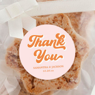 Retro Pink and Orange Thank You Wedding Classic Round Sticker