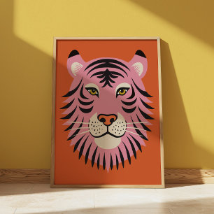 Retro Pink and Orange Tiger Big Cat Illustration Poster