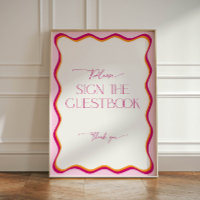 Retro Pink and Orange Wavy Border Modern Guestbook