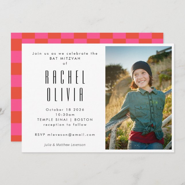 Retro Pink and Red Chequerboard Photo Bat Mitzvah Invitation (Front/Back)
