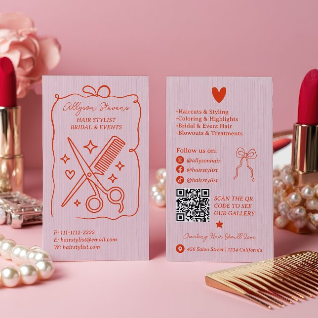Retro Pink and Red Doodles Hair Stylist QR Code Business Card (Retro Pink and Red Doodles Hair Stylist QR Code Business Card)