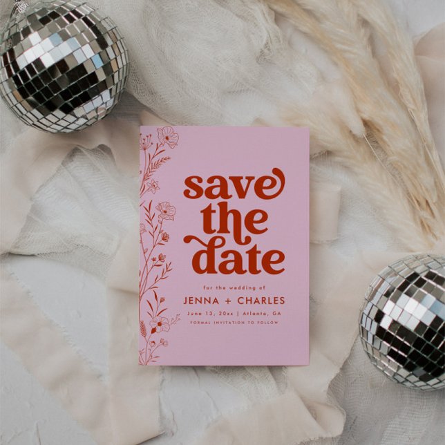 Retro Pink And Red Floral Save The Date Invitation (Creator Uploaded)
