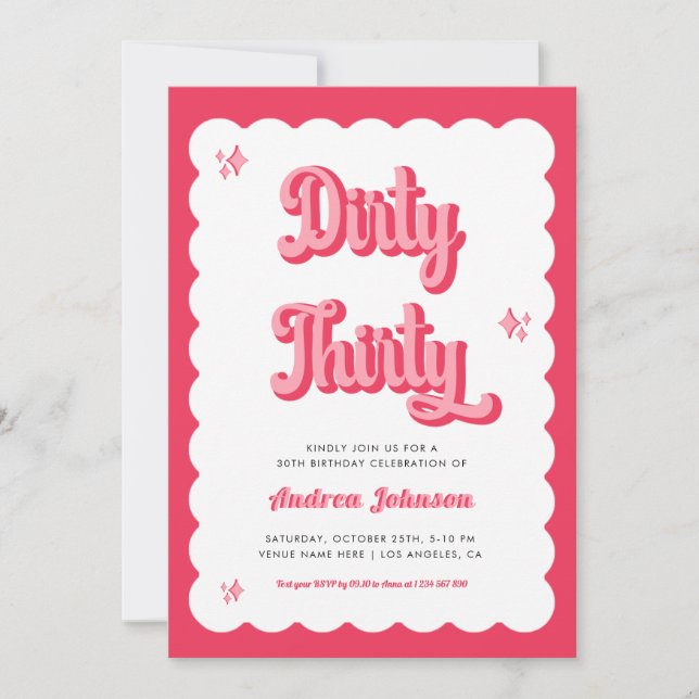 Retro Pink and Red Groovy Dirty Thirty Birthday Invitation (Front)