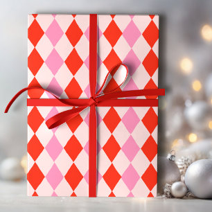 Retro Pink and Red Hand Drawn Diamond Pattern  Wrapping Paper