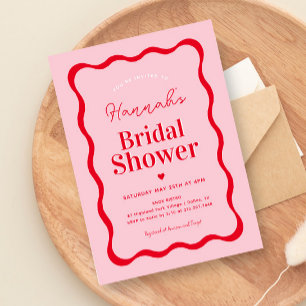 Retro Pink and Red Modern Wavy Bridal Shower Invitation
