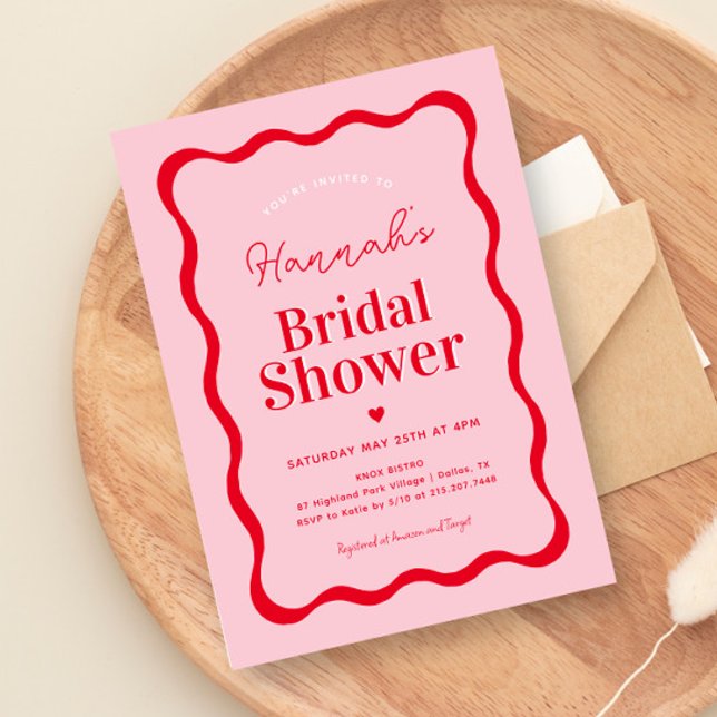 Retro Pink and Red Modern Wavy Bridal Shower Invitation (Creator Uploaded)