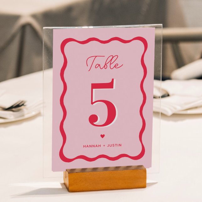 Retro Pink and Red Modern Wavy Wedding  Table Number (Creator Uploaded)