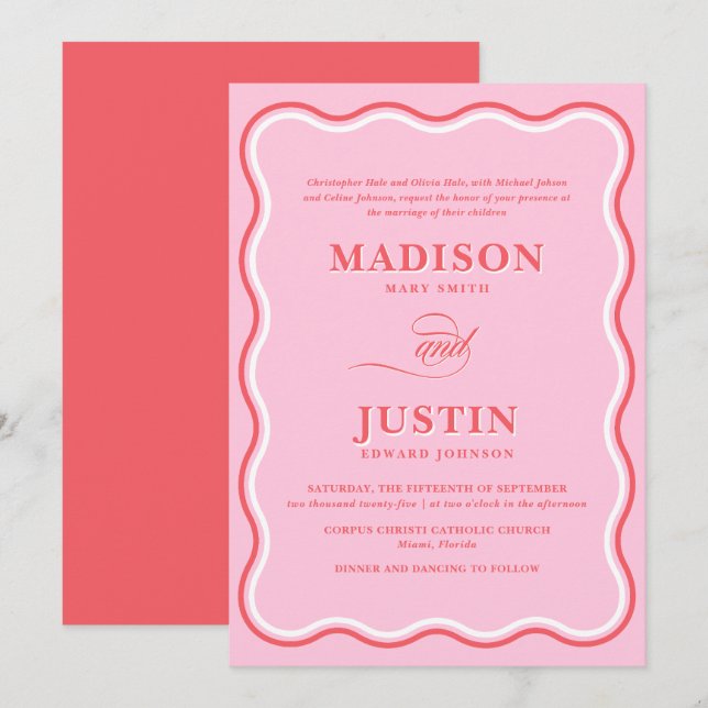 Retro Pink and Red Squiggle Curves Wavy Wedding Invitation (Front/Back)
