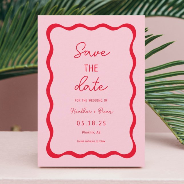 Retro Pink and Red Squiggle Wedding Save The Date (Creator Uploaded)