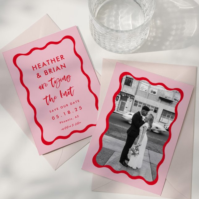 Retro Pink and Red Tying The knot Wedding Save The Date (Creator Uploaded)