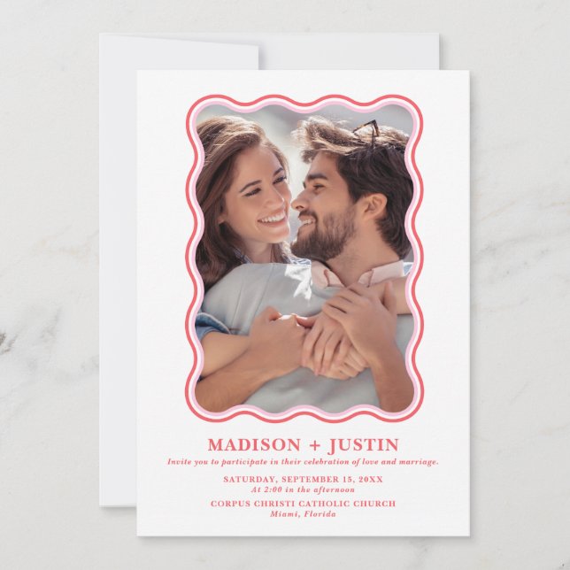 Retro Pink and Red Wave Picture Frame Wedding Invitation (Front)