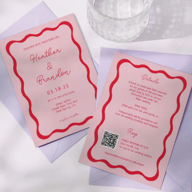 Retro Pink and Red Wave Wedding QR Invitations | Zazzle