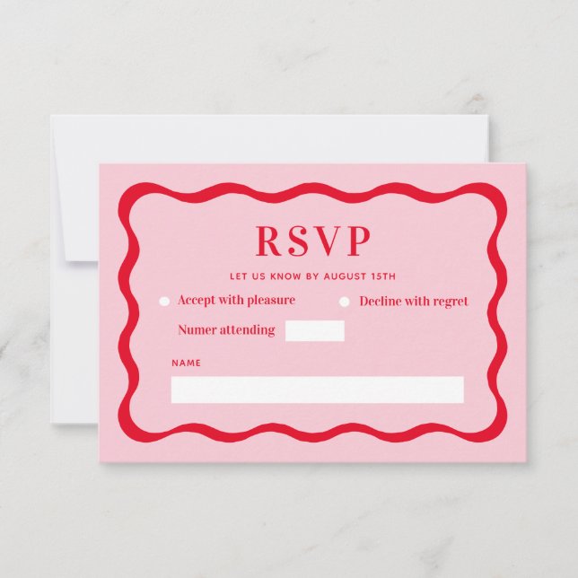 Retro Pink and Red Wave Wedding RSVP Card (Front)
