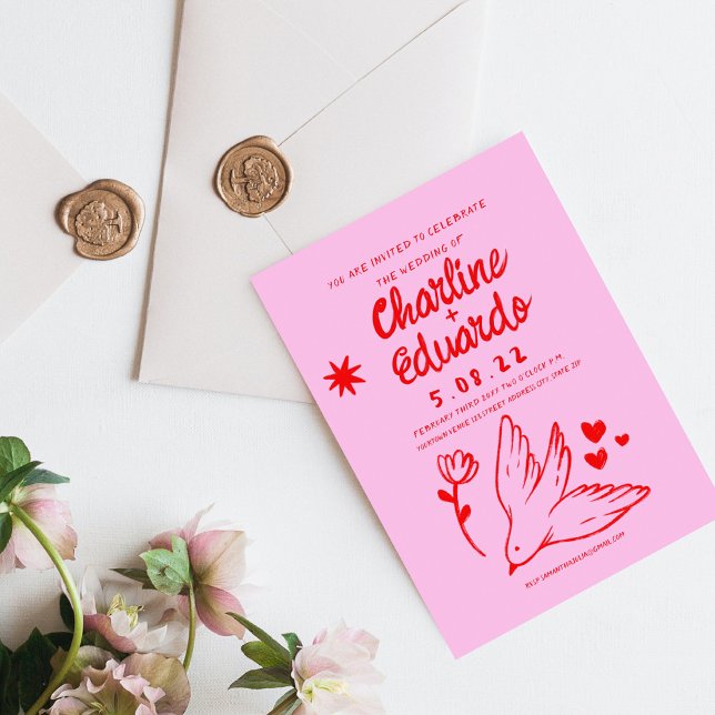 Retro Pink and Red Wavy Handwriting Wedding Invitation (Creator Uploaded)