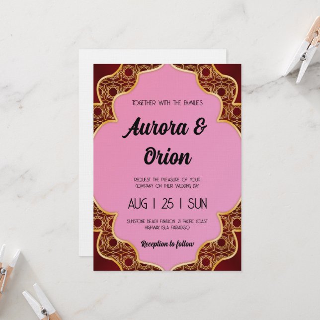 retro pink and red wedding invitation (Front/Back In Situ)