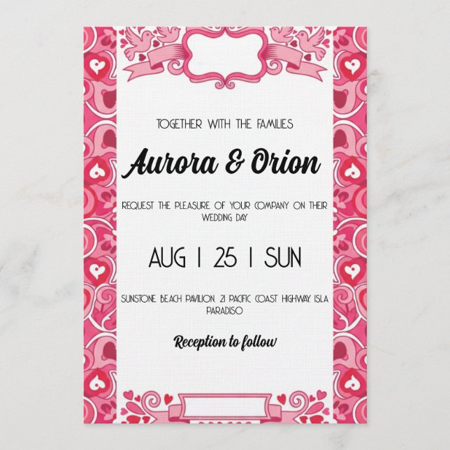 retro pink and red wedding invitation (Front)