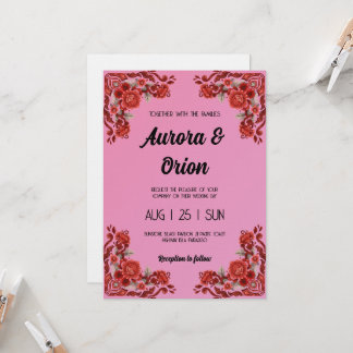 retro pink and red wedding invitation