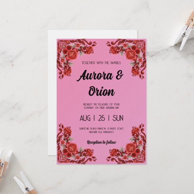 retro pink and red wedding invitation (Front/Back In Situ)