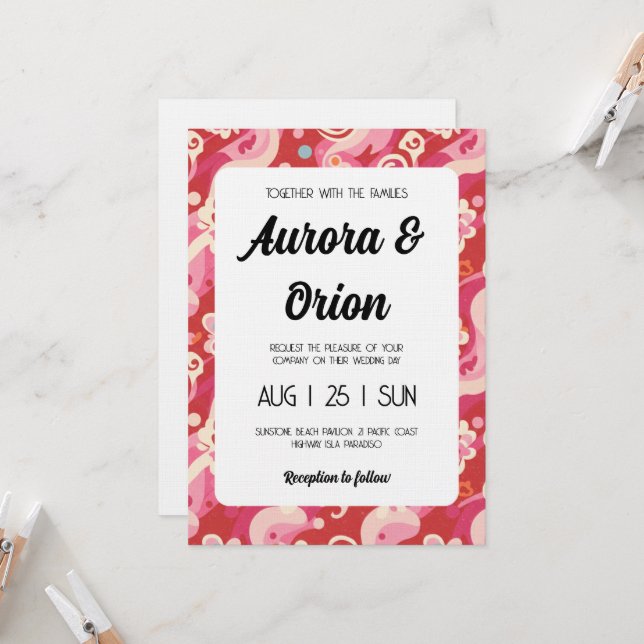 retro pink and red wedding invitation (Front/Back In Situ)