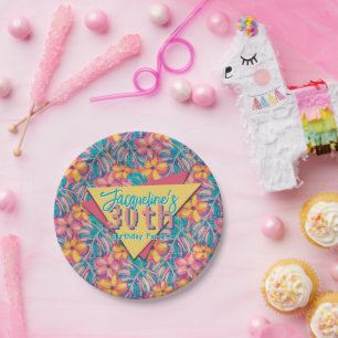 Retro Pink and Yellow Floral Birthday Paper Plate