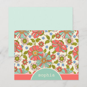 Retro Pink & Aqua Floral Custom Flat Note Card