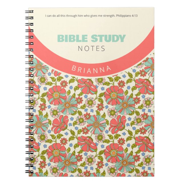 Retro Pink & Aqua Floral Personalised Notebook (Front)