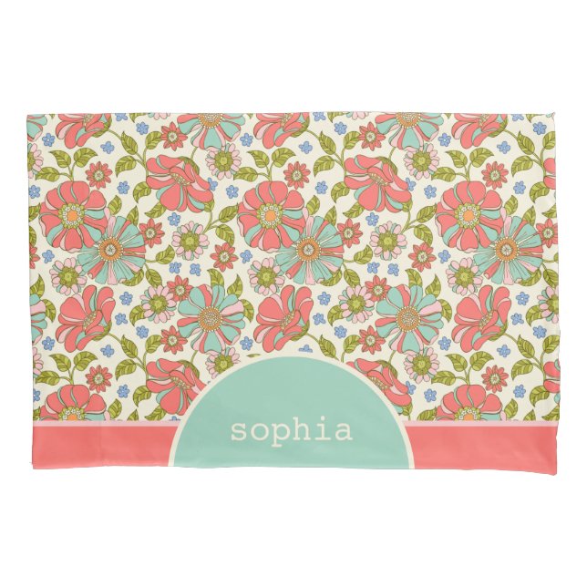 Retro Pink & Aqua Floral Personalised Pillowcase (Front)