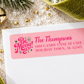 Retro Pink Be Merry Personalised Christmas Return Address Label