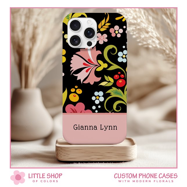 Retro Pink Black Floral Monogrammed Case-Mate iPhone Case (Creator Uploaded)