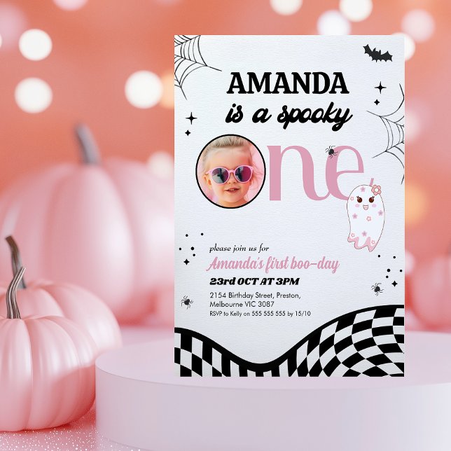 Retro Pink Black Girls Spooky One 1st Birthday Invitation (Spooky One 1st Birthday Invitation Template Modern, Girls Spooky One Halloween First Birthday Invite)