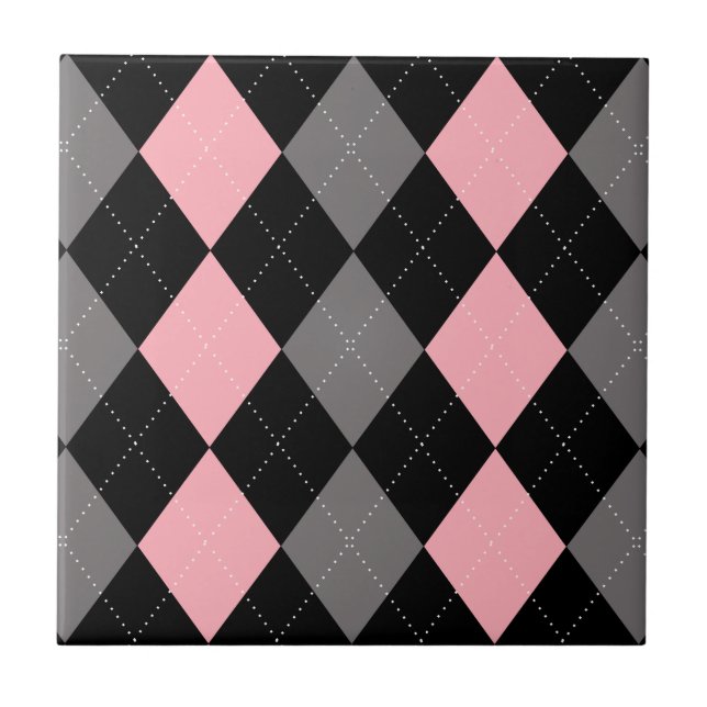 Retro Pink Black Grey Argyle Ceramic Tile (Front)