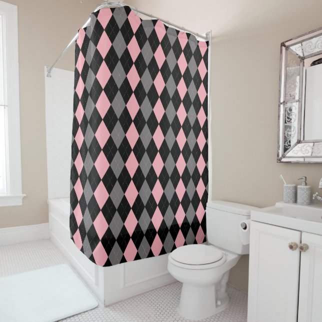 Retro Pink Black Grey Argyle Shower Curtain (In Situ)