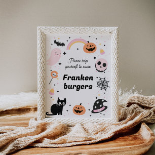 Retro Pink Black Halloween Birthday Party Sign