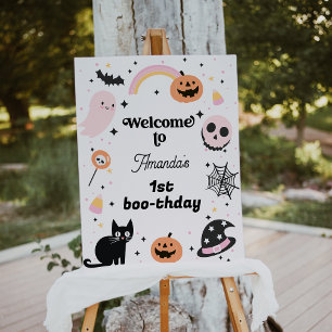 Retro Pink Black Halloween Birthday Welcome Sign