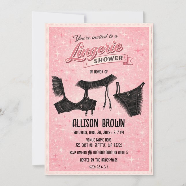 Retro Pink Black Lingerie Shower Bachelorette  Invitation (Front)