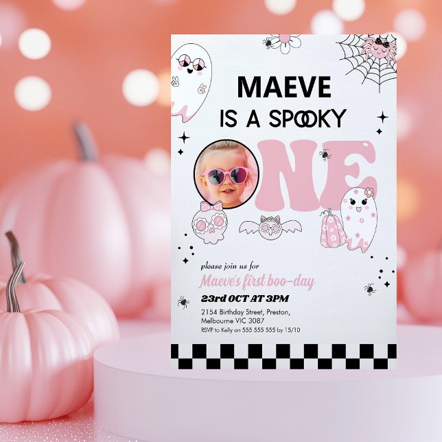 Retro Pink Black Spooky One 1st Birthday  Invitation (Spooky One Birthday Invitation, Girls Halloween 1st Birthday Invitation, Pink Black Spooky One )