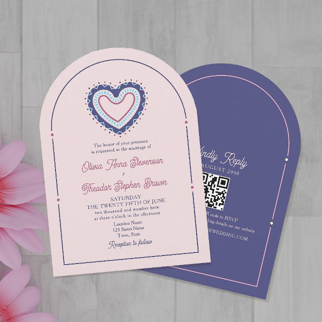 Retro Pink & Blue Arch Wedding Invite + QR (Creator Uploaded)