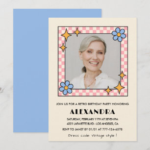 Retro Pink Blue Floral Photo 87th birthday Invitation