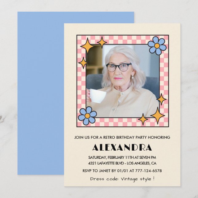 Retro Pink Blue Floral Photo 93rd birthday Invitation (Front/Back)