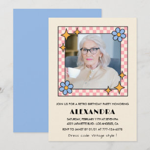 Retro Pink Blue Floral Photo 94th birthday Invitation