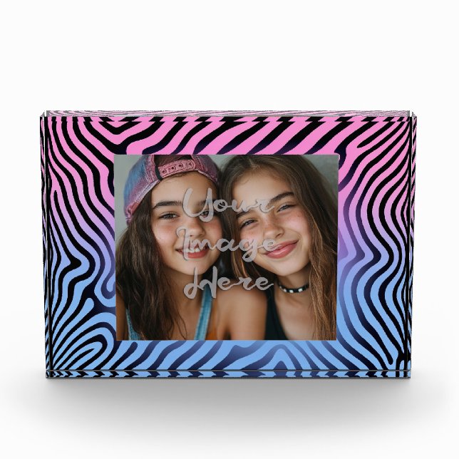 Retro Pink Blue Gradient Zebra Stripe Photo Frame Block (Front)