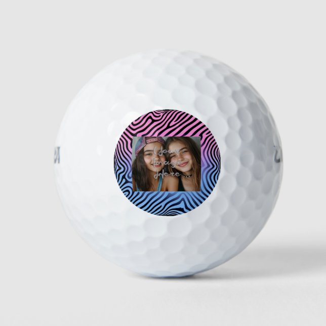 Retro Pink Blue Gradient Zebra Stripe Photo Frame Golf Balls (Front)