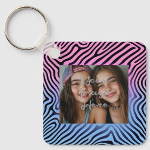 Retro Pink Blue Gradient Zebra Stripe Photo Frame Key Ring