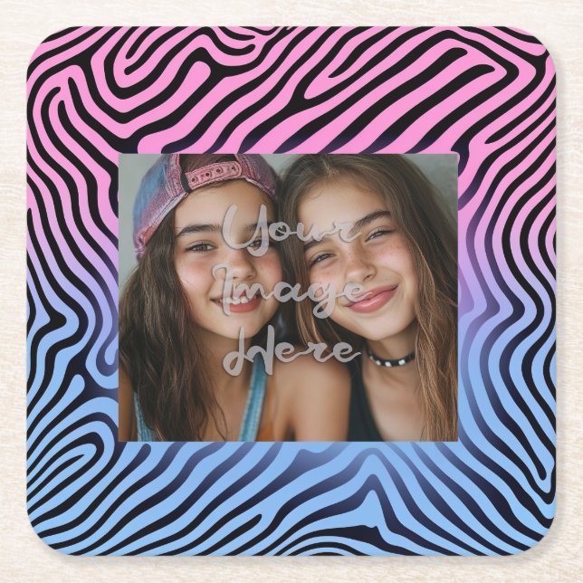 Retro Pink Blue Gradient Zebra Stripe Photo Frame Square Paper Coaster (Front)