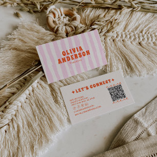 Retro Pink Boho Groovy Pinstripes Girly QR Code Business Card